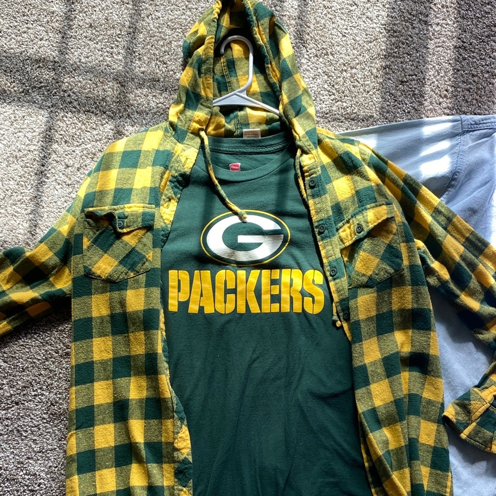 🖤 Green Bay Packers Tee Yellow & Green Hooded Flannel & Jean Jacket Wisconsin - Picture 2 of 4